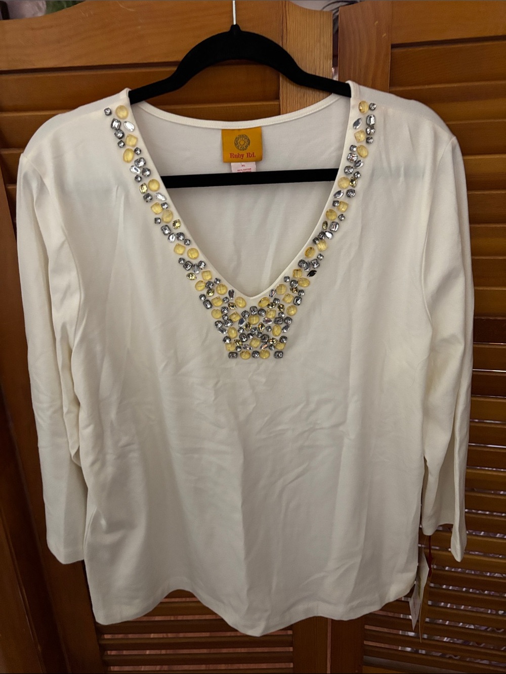 Ruby Rd. Cream V-Neck Long Sleeve Top with Yellow and Silver Gem Trim